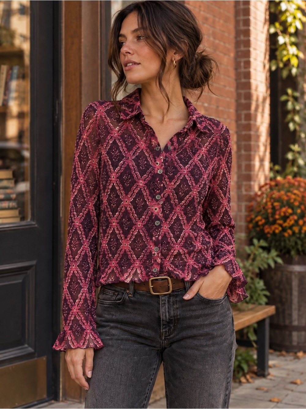 Free People Smocked Mesh Button Front Ruffle Blouse Plum Pink Large